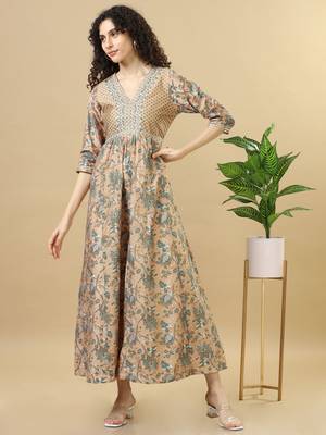 Light brown 3/4th sleeves chanderi loose fit ankle length flared kurta set - with dupatta, no bottom 1