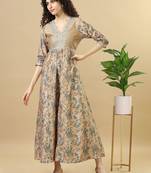 Light brown 3/4th sleeves chanderi loose fit ankle length flared kurta set - with dupatta, no bottom