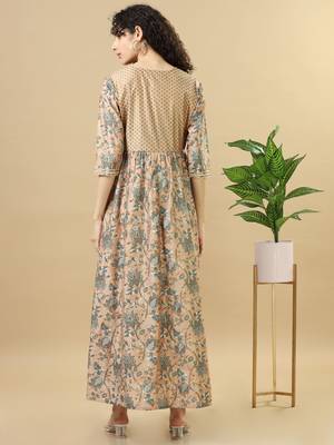 Light brown 3/4th sleeves chanderi loose fit ankle length flared kurta set - with dupatta, no bottom 2
