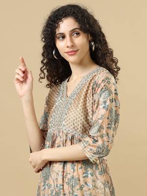 Light brown 3/4th sleeves chanderi loose fit ankle length flared kurta set - with dupatta, no bottom 4