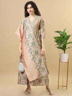Light brown 3/4th sleeves chanderi loose fit ankle length flared kurta set - with dupatta, no bottom 5
