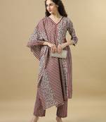 Red 3/4th sleeves cotton regular fit calf length straight kurta set - with dupatta