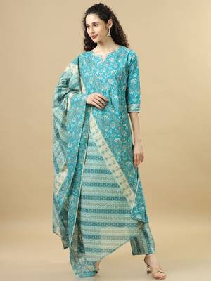 Turquoise 3/4th sleeves cotton regular fit ankle length asymmetrical kurta set - with dupatta 1