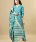 Turquoise 3/4th sleeves cotton regular fit ankle length asymmetrical kurta set - with dupatta