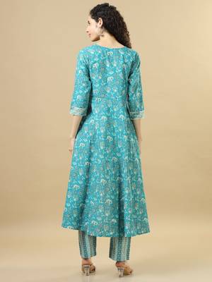 Turquoise 3/4th sleeves cotton regular fit ankle length asymmetrical kurta set - with dupatta 2