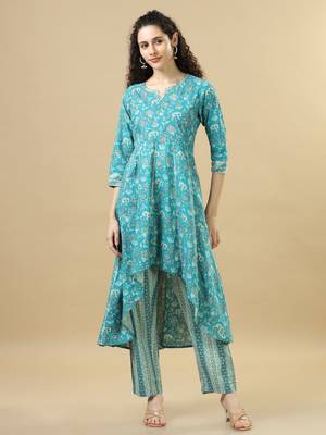 Turquoise 3/4th sleeves cotton regular fit ankle length asymmetrical kurta set - with dupatta 5