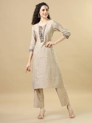 Light brown 3/4th sleeves chanderi regular fit calf length straight kurta set - with dupatta 1