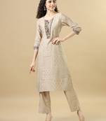Light brown 3/4th sleeves chanderi regular fit calf length straight kurta set - with dupatta