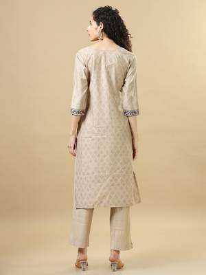 Light brown 3/4th sleeves chanderi regular fit calf length straight kurta set - with dupatta 2