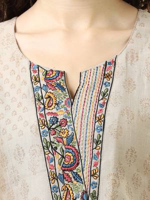 Light brown 3/4th sleeves chanderi regular fit calf length straight kurta set - with dupatta 3