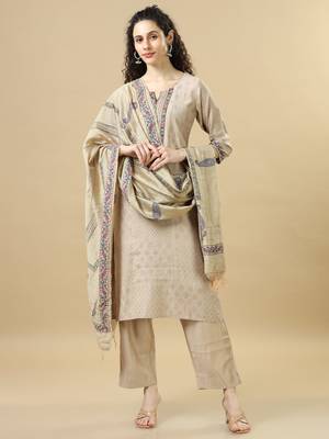 Light brown 3/4th sleeves chanderi regular fit calf length straight kurta set - with dupatta 5