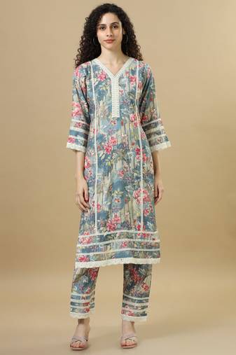 Steel blue 3/4th sleeves cotton silk regular fit calf length straight kurta set - with dupatta