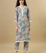 Steel blue 3/4th sleeves cotton silk regular fit calf length straight kurta set - with dupatta