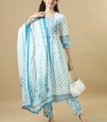 White 3/4th sleeves cotton regular fit calf length with tassels straight kurta set - with dupatta