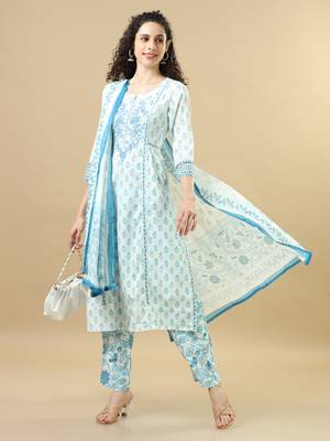 White 3/4th sleeves cotton regular fit calf length straight kurta set - with dupatta 1