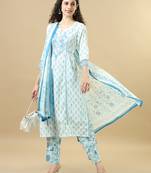 White 3/4th sleeves cotton regular fit calf length straight kurta set - with dupatta