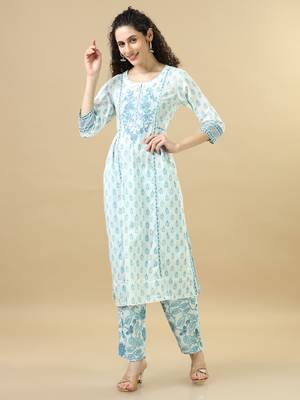White 3/4th sleeves cotton regular fit calf length straight kurta set - with dupatta 2