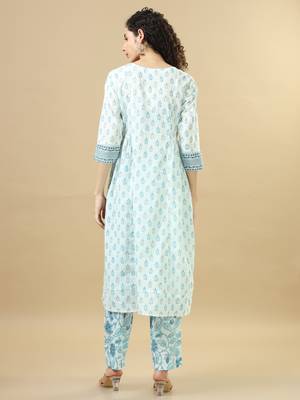 White 3/4th sleeves cotton regular fit calf length straight kurta set - with dupatta 3
