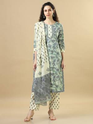 Sea green 3/4th sleeves cotton regular fit calf length straight kurta set - with dupatta 1