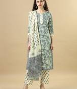 Sea green 3/4th sleeves cotton regular fit calf length straight kurta set - with dupatta