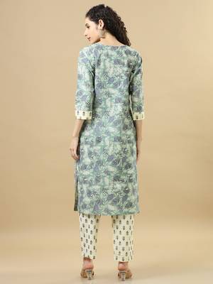 Sea green 3/4th sleeves cotton regular fit calf length straight kurta set - with dupatta 2