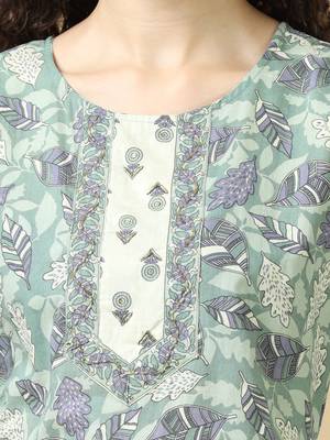 Sea green 3/4th sleeves cotton regular fit calf length straight kurta set - with dupatta 3