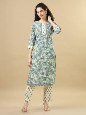 Sea green 3/4th sleeves cotton regular fit calf length straight kurta set - with dupatta 5