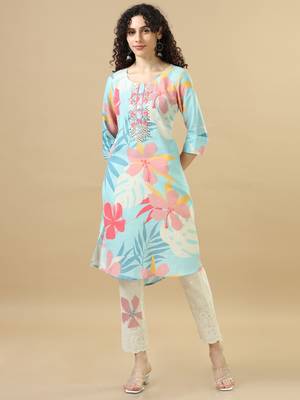 Sky blue 3/4th sleeves cotton slub regular fit calf length a-line kurta set - without dupatta 1