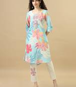 Sky blue 3/4th sleeves cotton slub regular fit calf length a-line kurta set - without dupatta