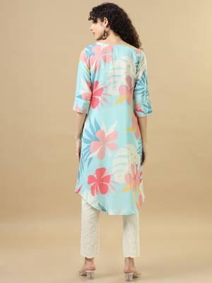 Sky blue 3/4th sleeves cotton slub regular fit calf length a-line kurta set - without dupatta 2