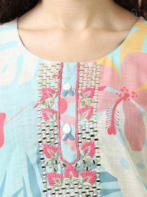 Sky blue 3/4th sleeves cotton slub regular fit calf length a-line kurta set - without dupatta 3