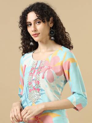 Sky blue 3/4th sleeves cotton slub regular fit calf length a-line kurta set - without dupatta 4