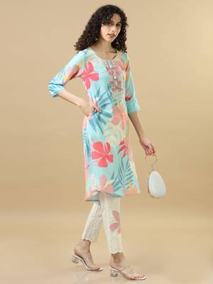 Sky blue 3/4th sleeves cotton slub regular fit calf length a-line kurta set - without dupatta 5