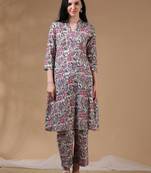 Cream 3/4th sleeve block print a-line kurta