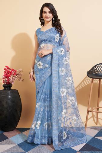   Blue Soft Net Embroidery   Saree With Mono Banglory Blouse
