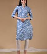 Indigo 3/4th regular sleeve block print straight cut kurta