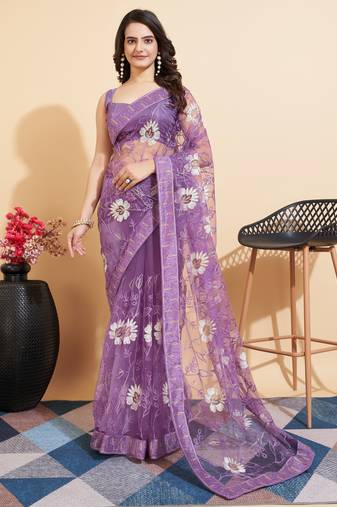   Purple Soft Net Embroidery   Saree With Mono Banglory Blouse