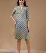 Blue 3/4th regular sleeve block print straight cut kurta