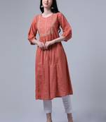 Orange 3/4th puff sleeve floral dobby print flared kurta