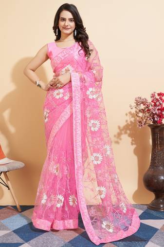   Pink Soft Net Embroidery   Saree With Mono Banglory Blouse