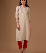 Dark cream 3/4th regular sleeve thread work straight cut kurta