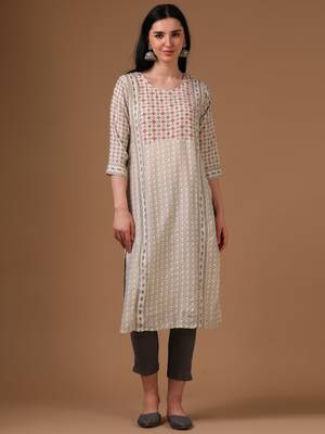 Cream 3/4th regular sleeve abstract motifs straight cut kurta 1