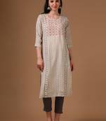 Cream 3/4th regular sleeve abstract motifs straight cut kurta