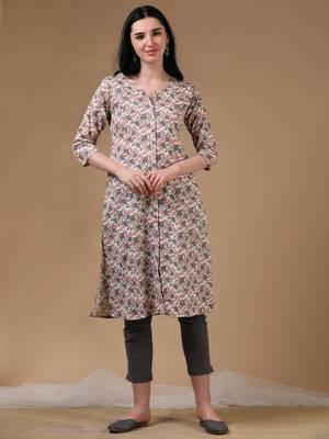 Light green 3/4th regular sleeve block print a-line kurta 1