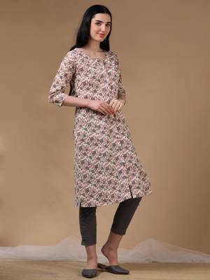 Light green 3/4th regular sleeve block print a-line kurta 2