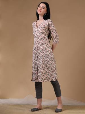 Light green 3/4th regular sleeve block print a-line kurta 3