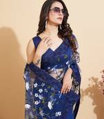   Navy Blue Soft Net Embroidery   Saree With Mono Banglory Blouse