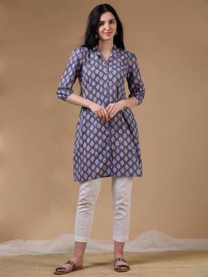 Navy 3/4th puff sleeve block print a-line kurtas 1