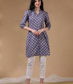 Navy 3/4th puff sleeve block print a-line kurtas