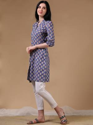 Navy 3/4th puff sleeve block print a-line kurtas 2